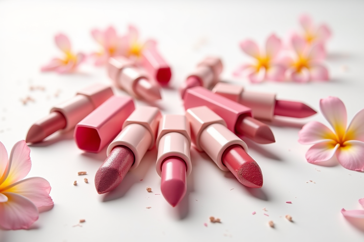 Lipsticks usés avec fleurs sur fond blanc lumineux
