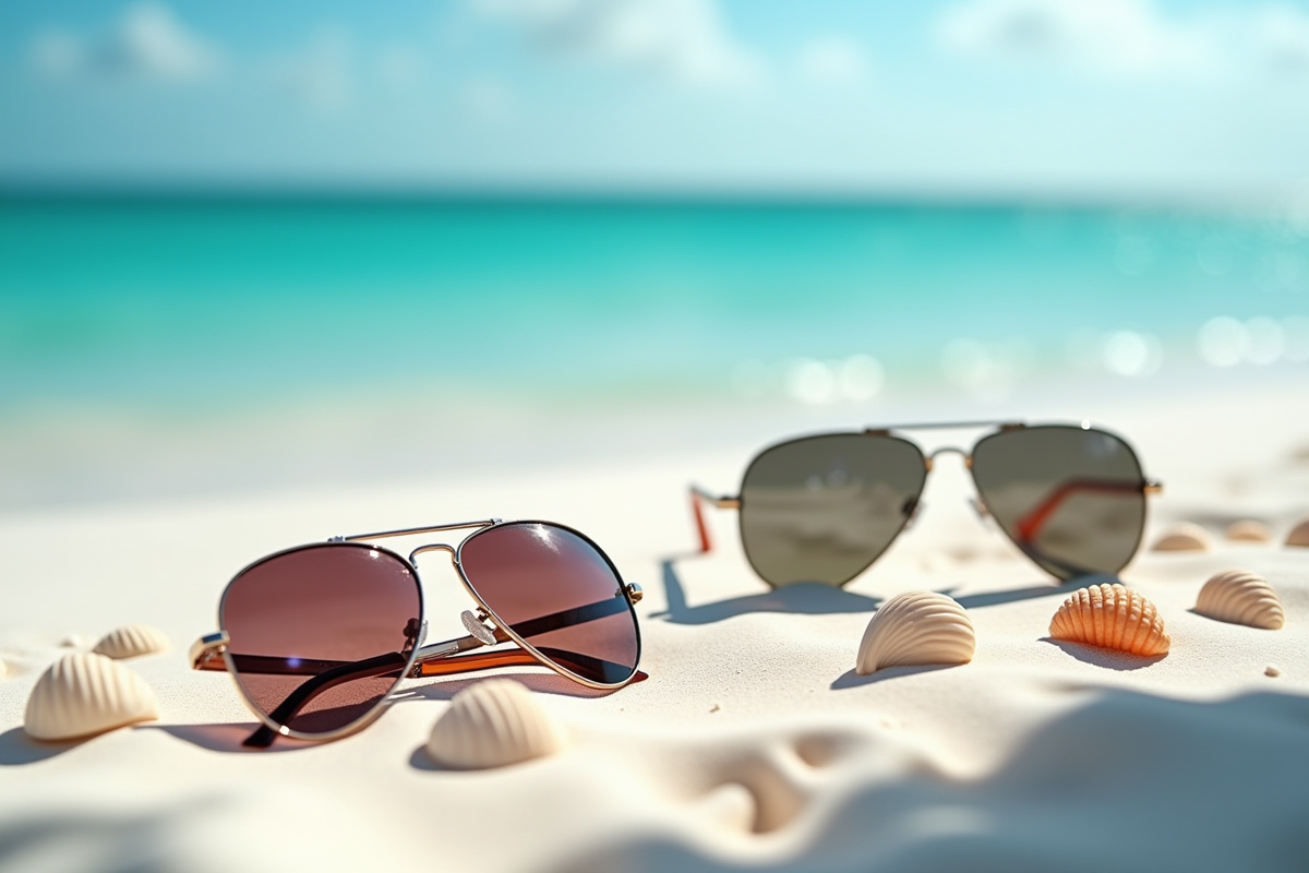 Lunettes de soleil colorées sur une plage de sable blanc avec coquillages