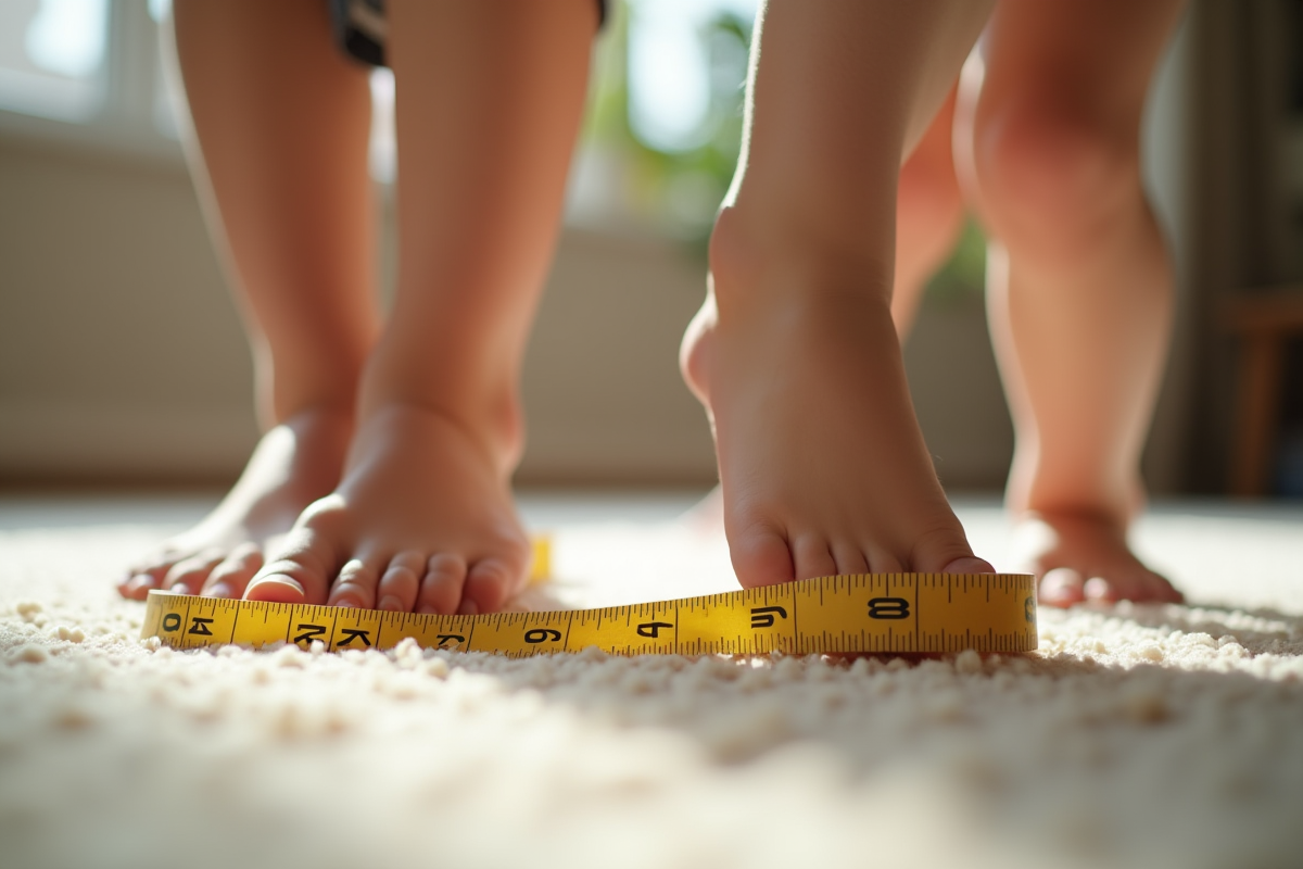 Pieds d adulte et d enfant mesurant avec un ruban sur tapis