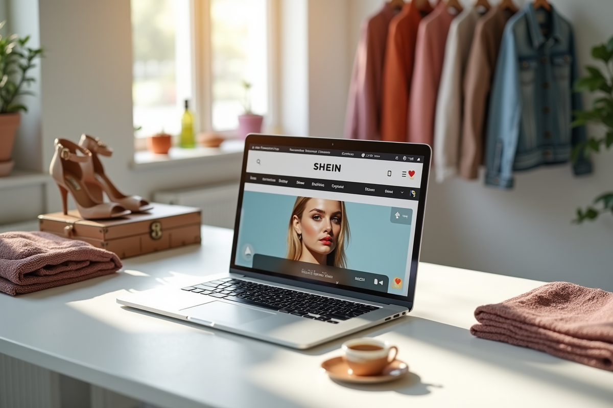 Ordinateur affichant le site shein avec vetements et accessoires
