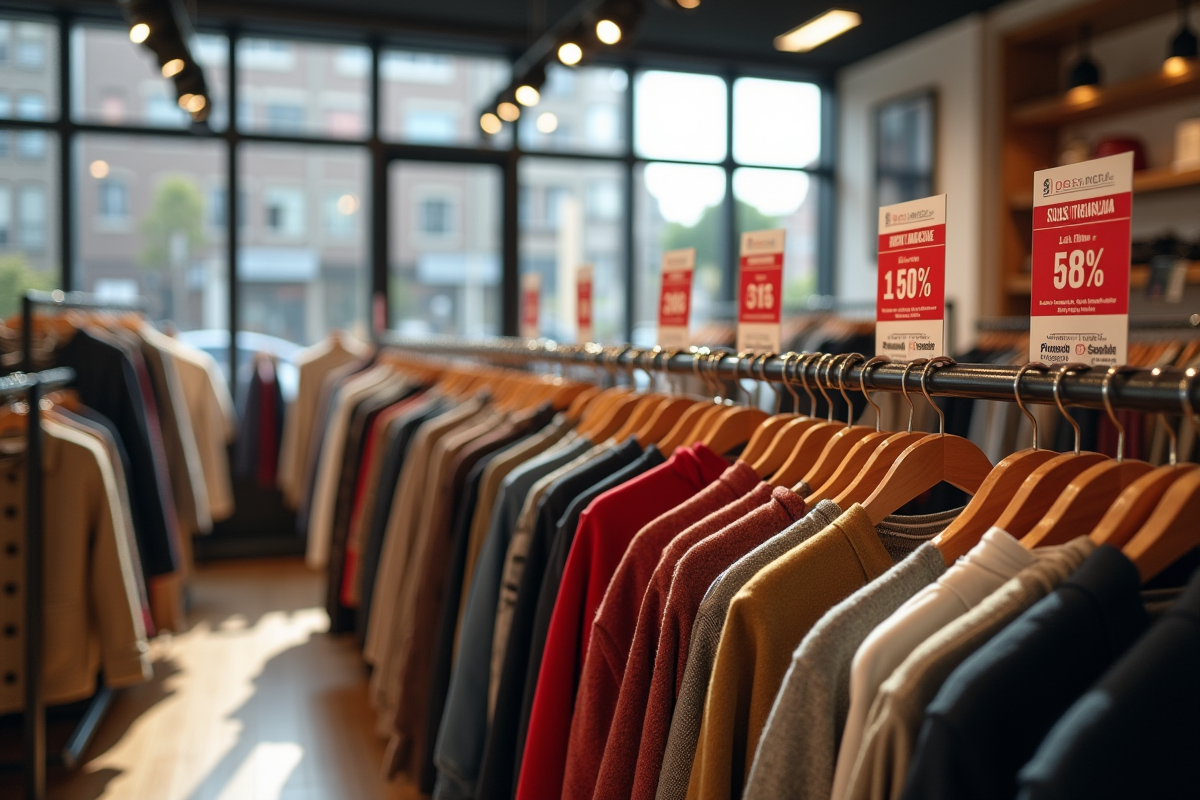 Rayons de vêtements avec étiquettes de soldes en intérieur