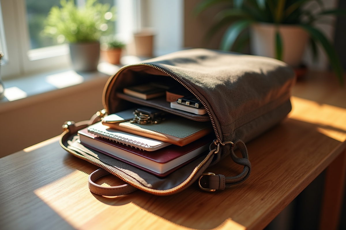 Sac à bandoulière ouvert avec essentiels organisés à la maison