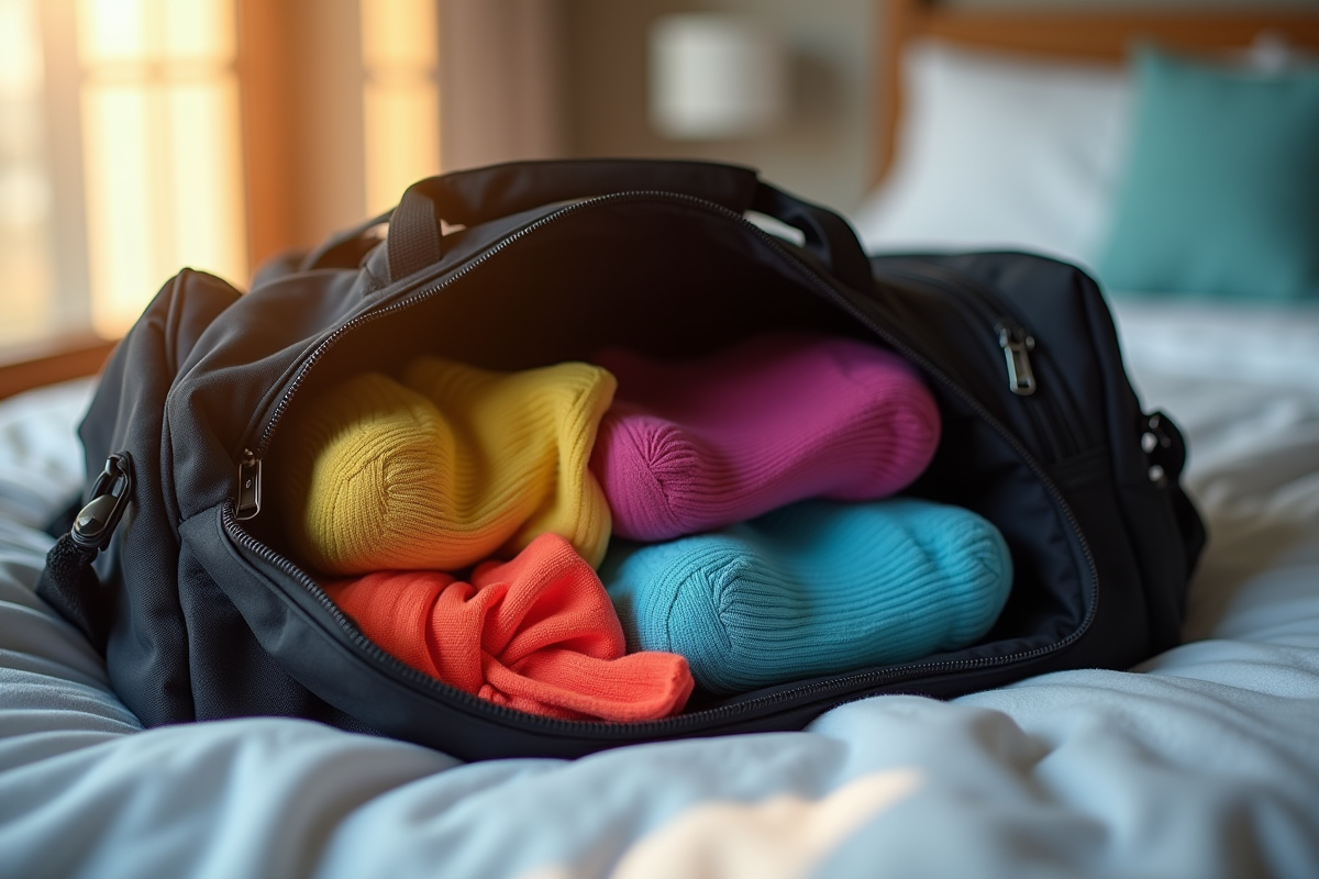 Sac de sport ouvert avec chaussettes colorées et chaussures de sport