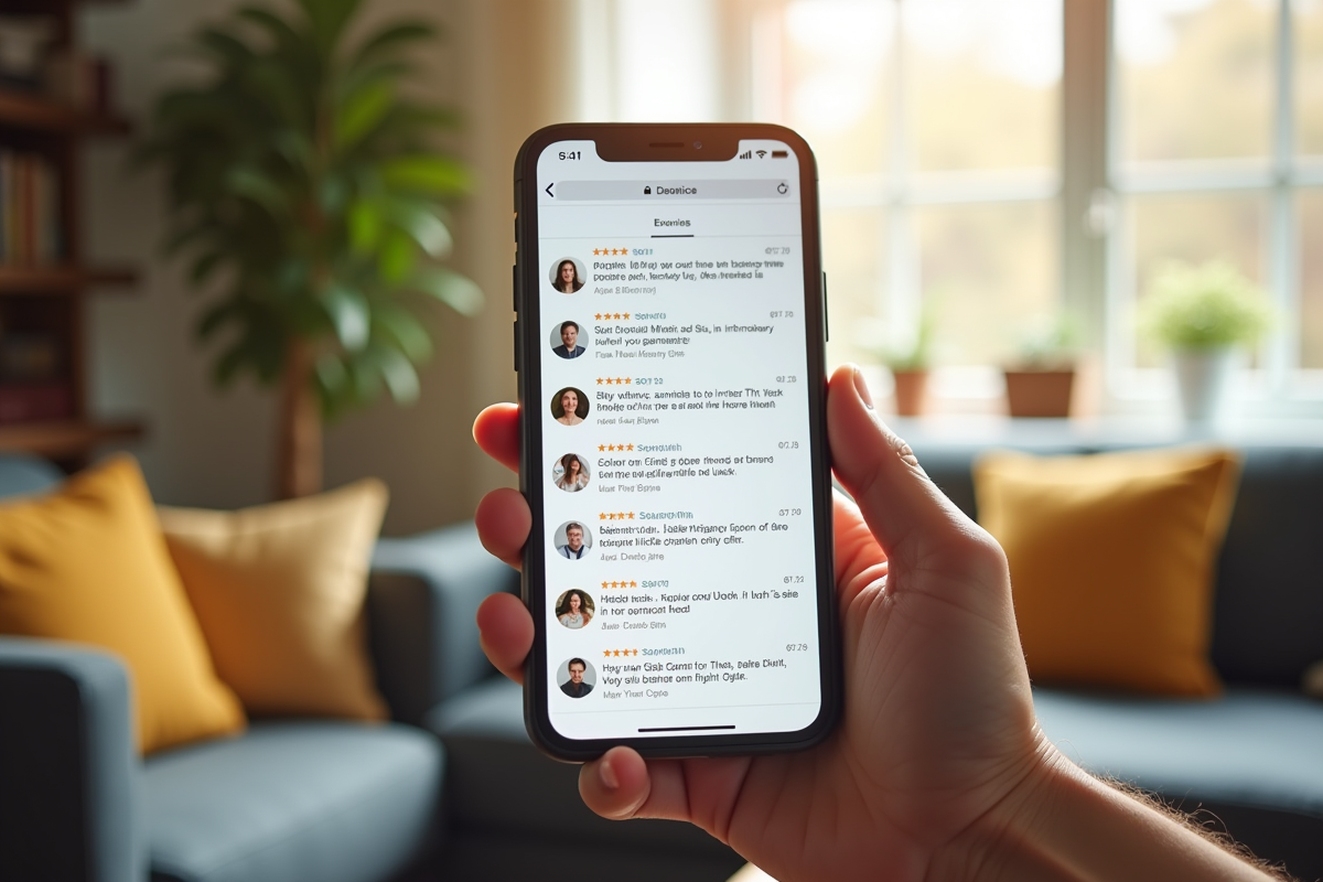 Smartphone avec avis clients sur le site Size dans un salon lumineux
