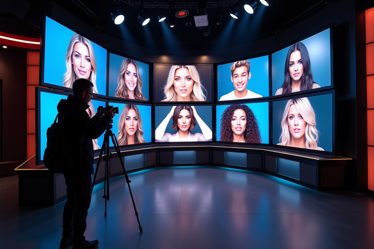Studio avec écrans de célébrités et photographe en pleine prise de vue