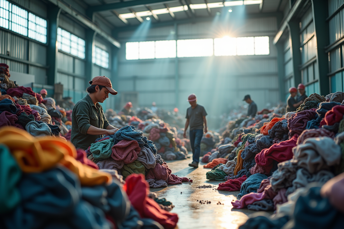 Travailleurs triant des vêtements dans une usine de recyclage