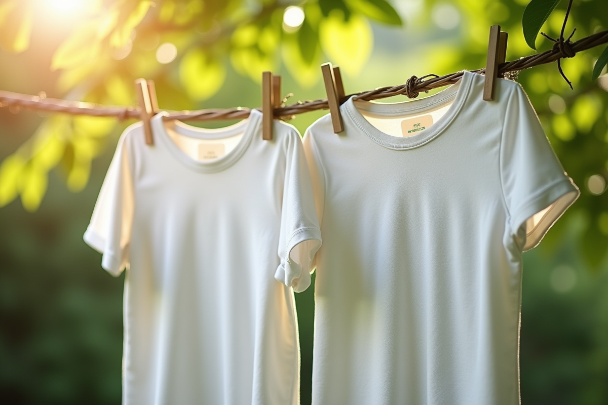 Tshirts en coton bio suspendus à une corde en plein air avec feuilles vertes